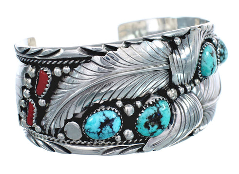 Native American Coral Turquoise Scalloped Leaf Sterling Silver Cuff Bracelet AX123867