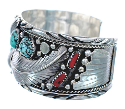 Native American Coral Turquoise Scalloped Leaf Sterling Silver Cuff Bracelet AX123867