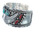 Native American Coral Turquoise Scalloped Leaf Sterling Silver Cuff Bracelet AX123867