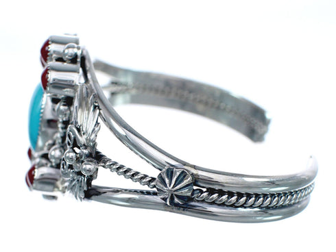 Sterling Silver Turquoise Coral Leaf Navajo Cuff Bracelet AX123861