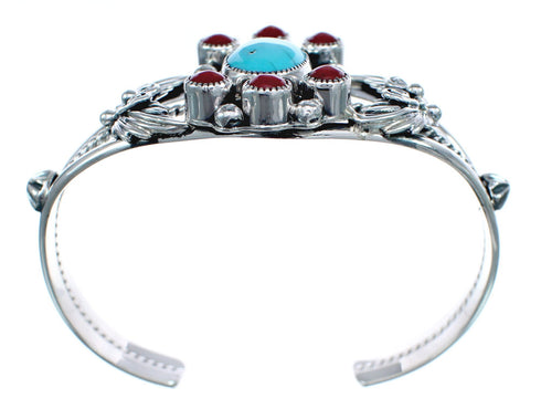 Sterling Silver Turquoise Coral Leaf Navajo Cuff Bracelet AX123861