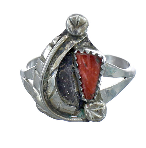 Zuni Coral Genuine Sterling Silver Leaf Ring Size 8-1/4 AX123941
