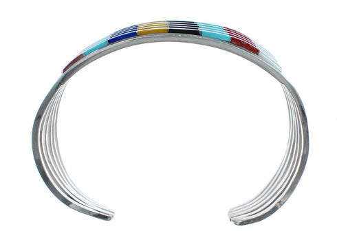 Native American Zuni Multicolor Inlay Genuine Sterling Silver Cuff Bracelet JX123917