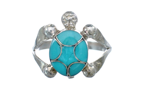 Navajo Sterling Silver Turquoise Inlay Turtle Ring Size 7 JX124082