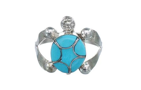 Navajo Sterling Silver Turquoise Inlay Turtle Ring Size 8-1/4 JX124093