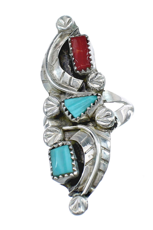 Native American Zuni Turquoise And Coral Leaf Ring Size 6-1/4 JX124118