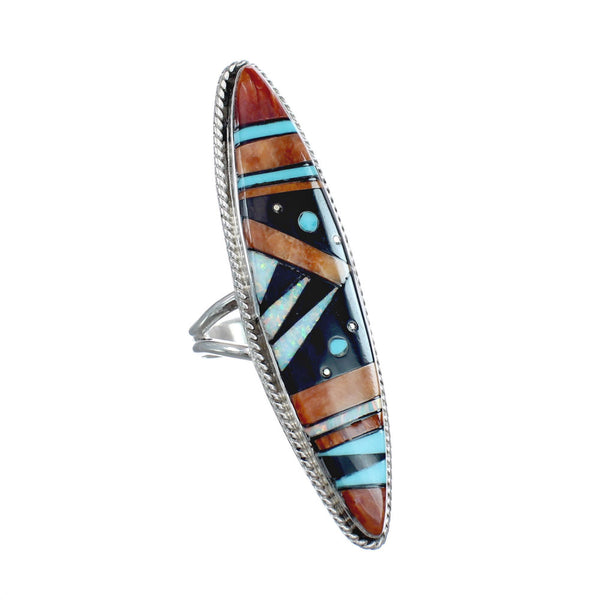 Native American Sterling Silver Multicolor Multistone Inlay Ring Size 9 JX124115