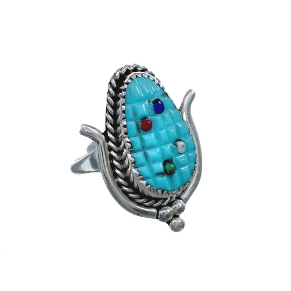Native American Zuni Multicolor Multistone Sterling Silver Corn Ring Size 8 JX124149