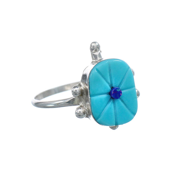 Native American Turquoise and Blue Opal Sterling Silver Turtle Ring Size 7-3/4 JX124186