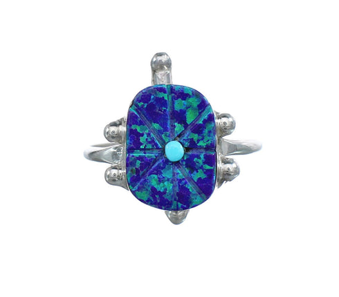 Native American Turquoise and Purple Opal Sterling Silver Turtle Ring Size 7 JX124206