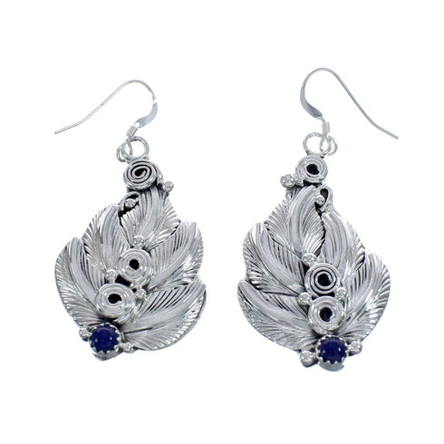 Native American Navajo Sterling Silver Lapis Feather Hook Dangle Earrings AX124286