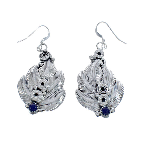 Native American Navajo Sterling Silver Lapis Feather Hook Dangle Earrings AX124286