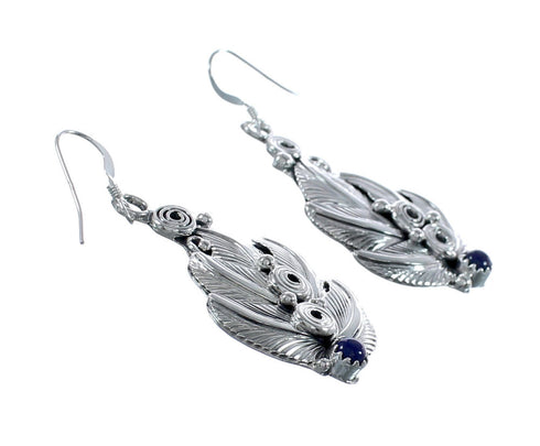 Native American Navajo Sterling Silver Lapis Feather Hook Dangle Earrings AX124286