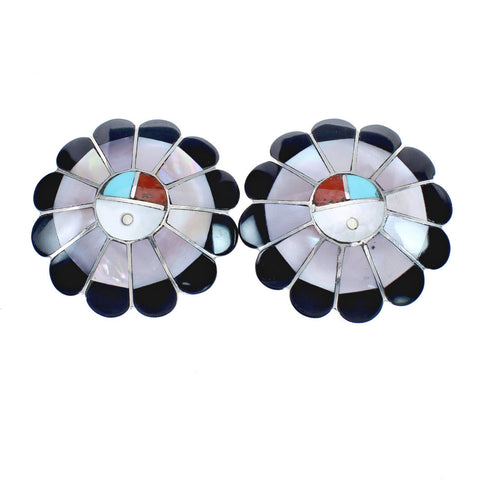 Native American Zuni Sterling Silver Multicolor Inlay Sun Post Earrings JX124220