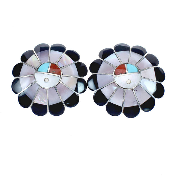 Native American Zuni Sterling Silver Multicolor Inlay Sun Post Earrings JX124220