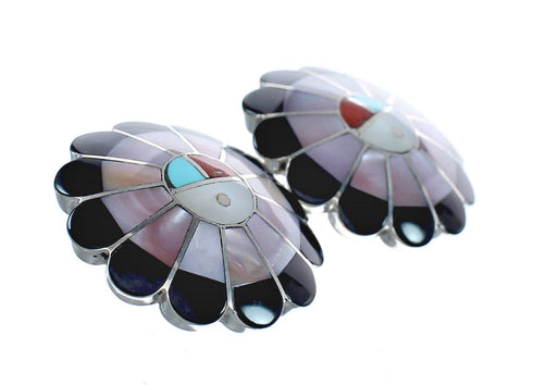 Native American Zuni Sterling Silver Multicolor Inlay Sun Post Earrings JX124220