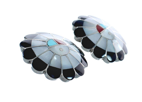Native American Zuni Sterling Silver Multicolor Inlay Sun Post Earrings JX124221