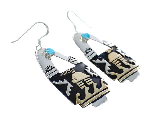 Native American Sterling Silver 12 Karat Gold Filled And Turquoise Water Wave Hook Dangle Earrings JX124297