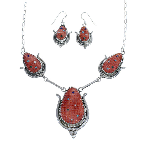 Native American Silver Multicolor Inlay Corn Zuni Necklace Set AX124655
