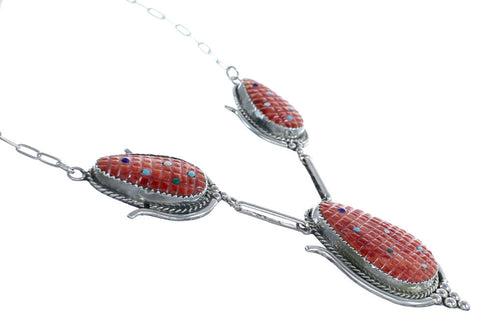Native American Silver Multicolor Inlay Corn Zuni Necklace Set AX124655