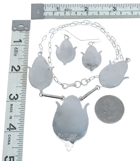 Native American Silver Multicolor Inlay Corn Zuni Necklace Set AX124655