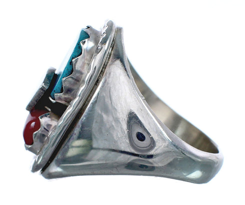 Authentic Sterling Silver Turquoise And Coral Snake Zuni Ring Size 8-1/4 AX124621