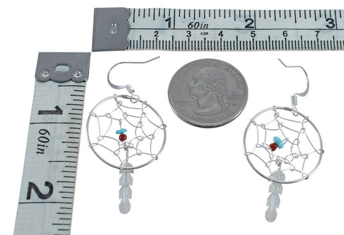 Sterling Silver Turquoise Coral Dream Catcher Feather Navajo Hook Dangle Earrings AX124530