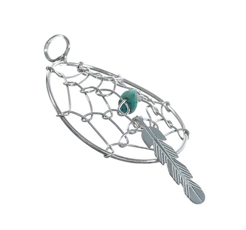 Native American Sterling Silver Turquoise Dream Catcher Feather Pendant JX124498