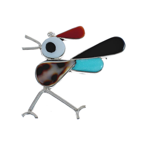 Native American Zuni Sterling Silver Multicolor Road Runner Pin Pendant JX124463