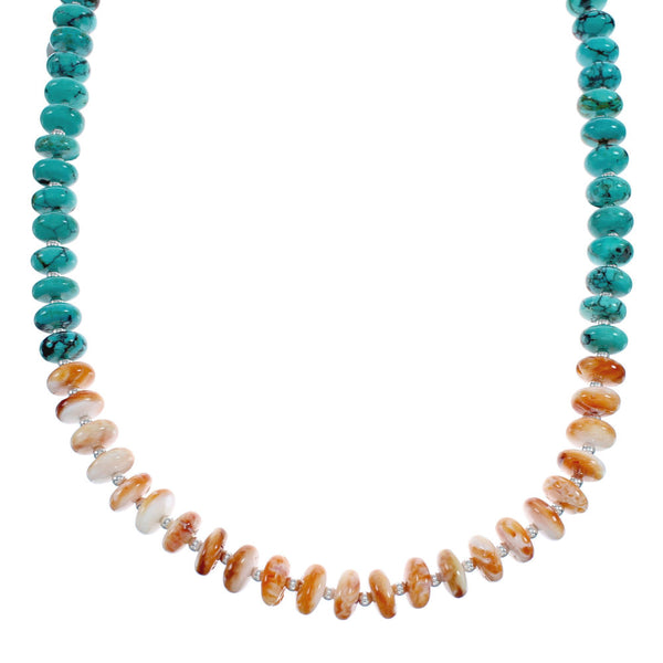 Native American Navajo Turquoise and Oyster Shell Bead Sterling Silver Necklace JX124552