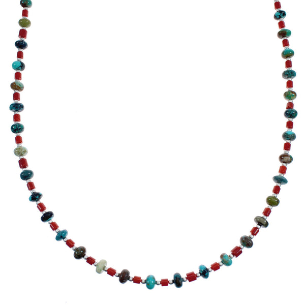 Native American Navajo Turquoise and Coral Bead Sterling Silver Necklace JX124566