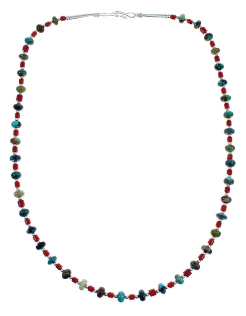 Native American Navajo Turquoise and Coral Bead Sterling Silver Necklace JX124566