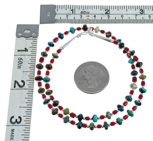 Native American Navajo Turquoise and Coral Bead Sterling Silver Necklace JX124566
