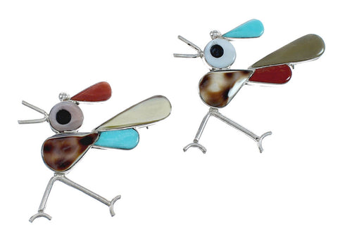 Native American Zuni Sterling Silver Multicolor Road Runner Pin Pendant JX124477