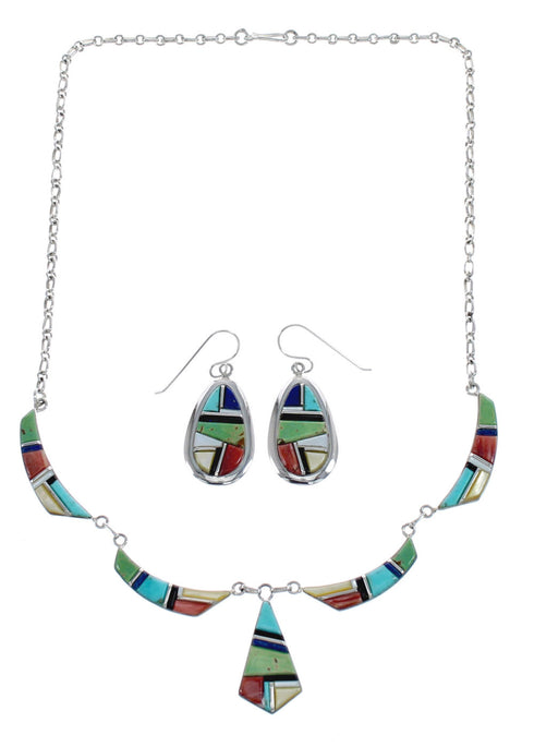 Southwestern Silver Multicolor Inlay Link Necklace Earrings Set JX124592