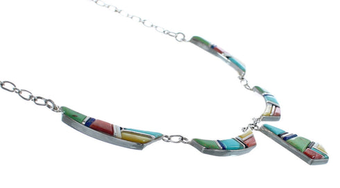 Southwestern Silver Multicolor Inlay Link Necklace Earrings Set JX124592