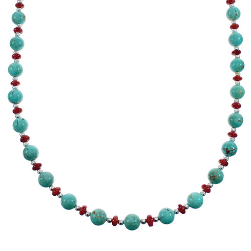 Southwestern Turquoise and Coral Sterling Silver Bead Necklace JX124635