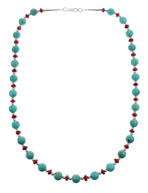 Southwestern Turquoise and Coral Sterling Silver Bead Necklace JX124635