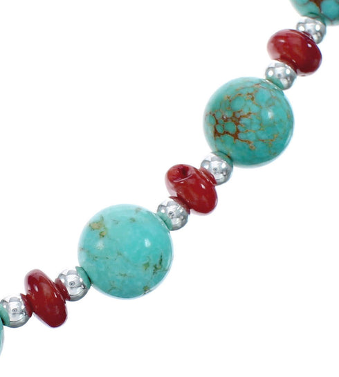 Southwestern Turquoise and Coral Sterling Silver Bead Necklace JX124635