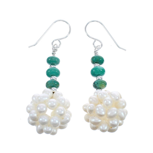 Sterling Silver Turquoise Fresh Water Pearls Bead Hook Dangle Earrings JX124620