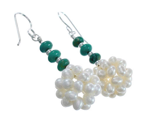 Sterling Silver Turquoise Fresh Water Pearls Bead Hook Dangle Earrings JX124620