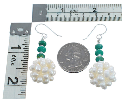 Sterling Silver Turquoise Fresh Water Pearls Bead Hook Dangle Earrings JX124620