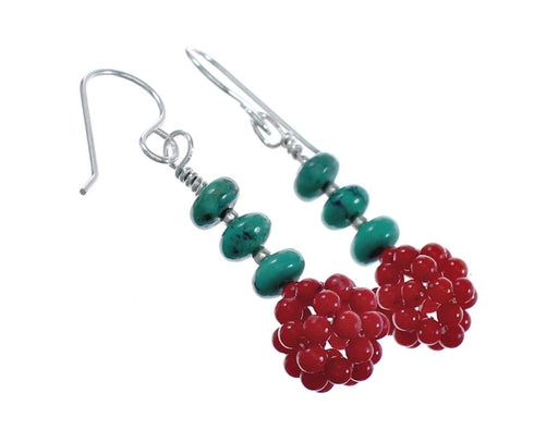 Authentic Sterling Silver Turquoise Coral Bead Hook Dangle Earrings JX124623