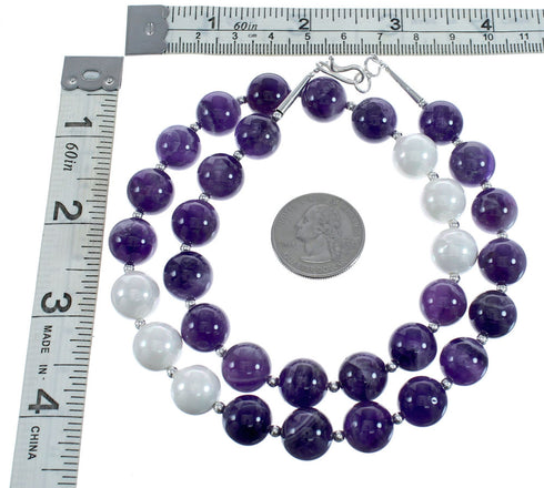Native American Navajo Amethyst and Mother of Pearl Bead Sterling Silver Necklace AX124676