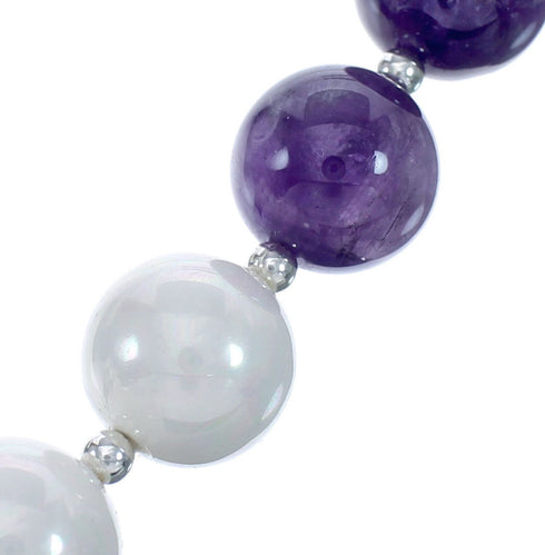 Native American Navajo Amethyst and Mother of Pearl Bead Sterling Silver Necklace AX124677