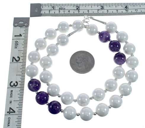 Native American Navajo Amethyst and Mother of Pearl Bead Sterling Silver Necklace AX124677