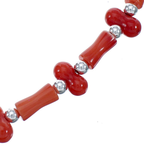 Native American Navajo Coral Bead Sterling Silver Necklace AX124682