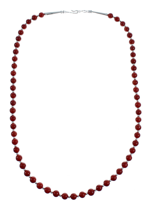 Native American Navajo Coral Round Bead Sterling Silver Necklace AX124681