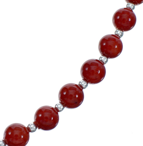 Native American Navajo Coral Round Bead Sterling Silver Necklace AX124681