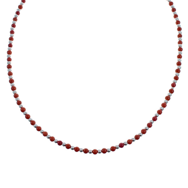 Native American Navajo Coral Round Bead Sterling Silver Necklace AX124678